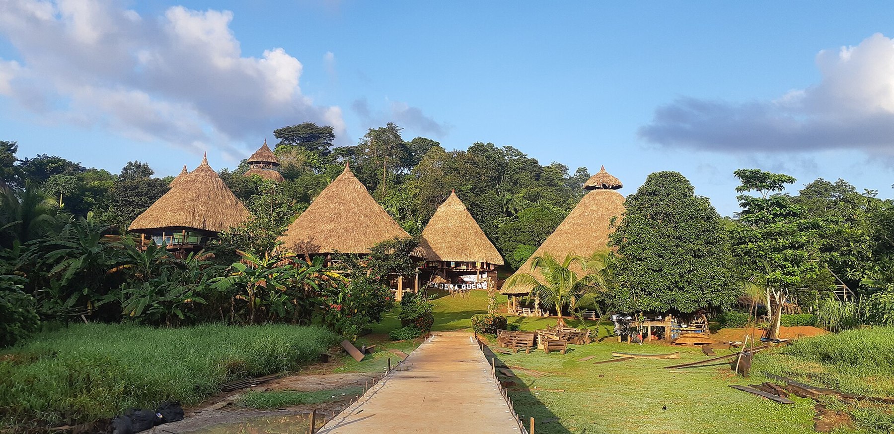巴拿马Embera Quera原住民社区的茅草屋建筑。